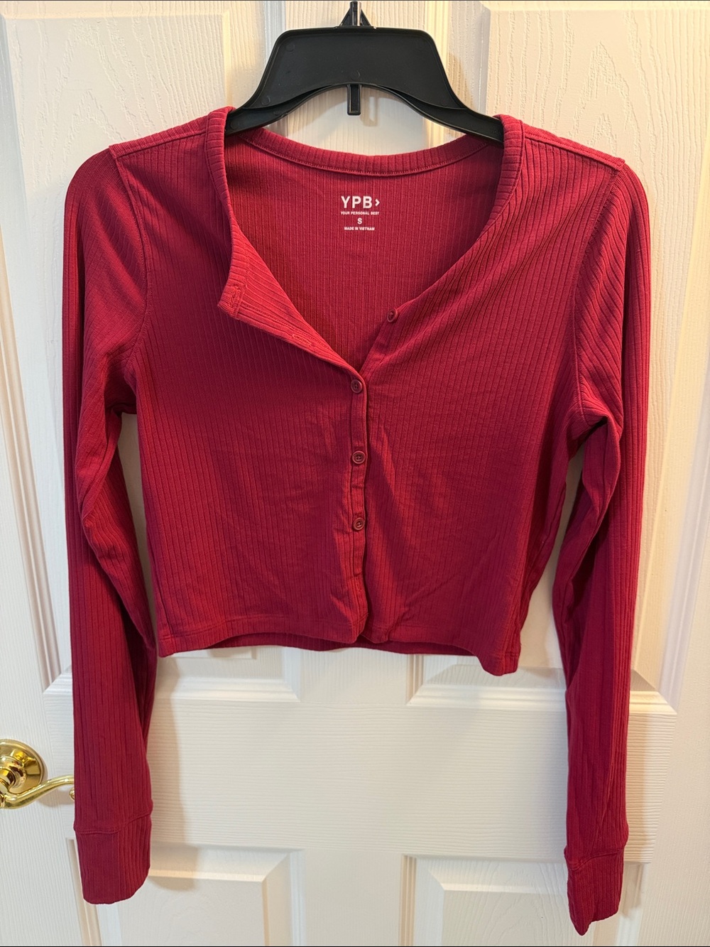 YPB Ribbed Button Front Long Sleeve Top - Magenta